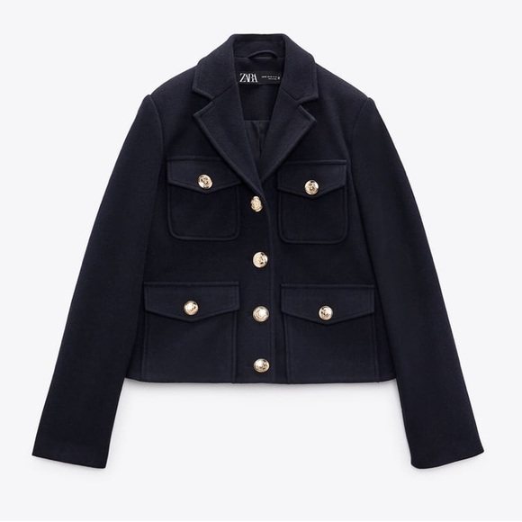 Zara Jackets & Coats Zara Navy Blue Cropped Gold Color Button